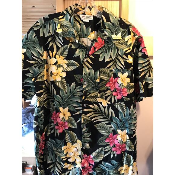 Malihini Vintage Men’s L Black Green Floral SS Button Down Cotton Hawaiian Shirt - Picture 6 of 12
